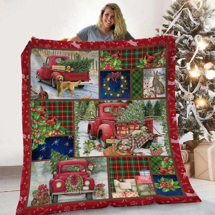 Awesome Red Truck Christmas Plaid Pattern Fleece Sherpa Throw Blanket