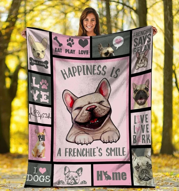 Happiness Is A Frenchie's Smile French Bulldog Dog Pink Fleece Sherpa Throw Blanket