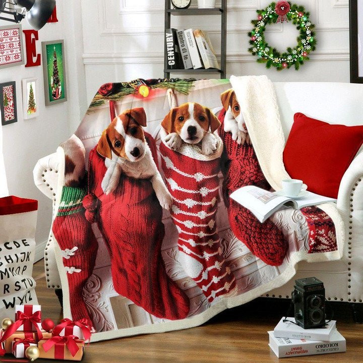 Red Knitted Sock With Dog Christmas Design Fleece Sherpa Throw Blanket
