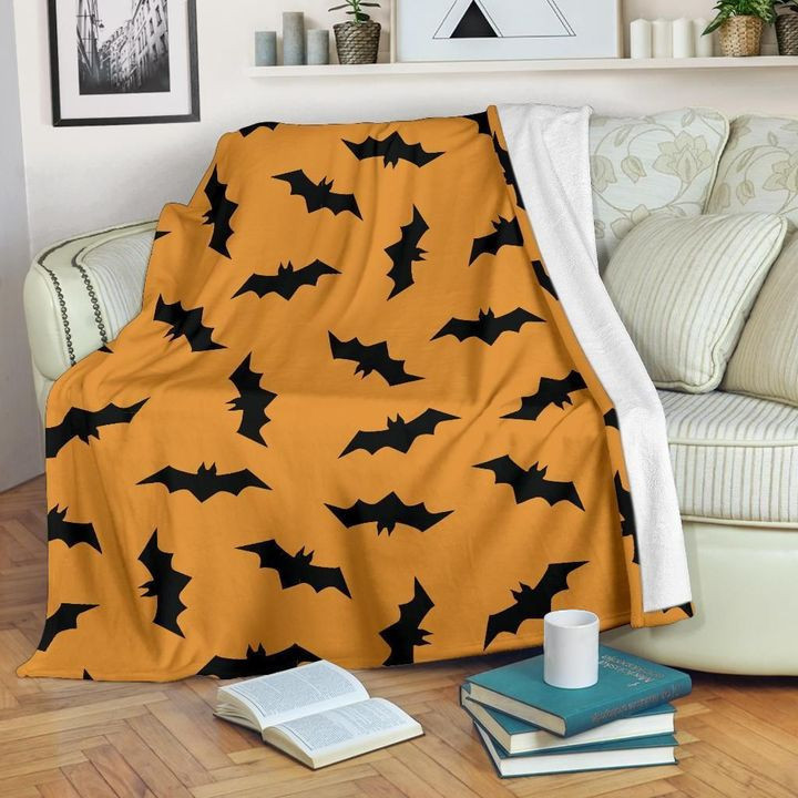 Black Bat On Orange Background Halloween Pattern Fleece Sherpa Throw Blanket