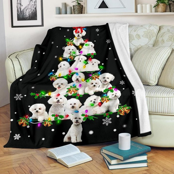 White Bichon Frise Arrange In A Christmas Tree Fleece Sherpa Throw Blanket