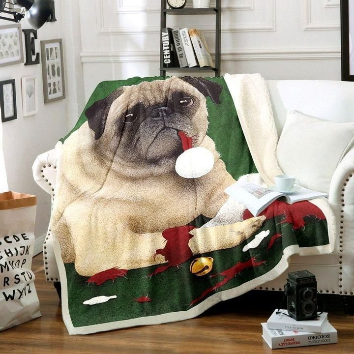 Naughty Pug On Christmas Day Fleece Sherpa Throw Blanket