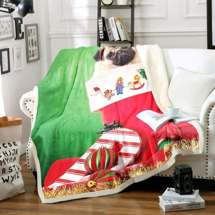 Gift For Dog Lovers Big Sock With Pug Christmas Fleece Sherpa Throw Blanket