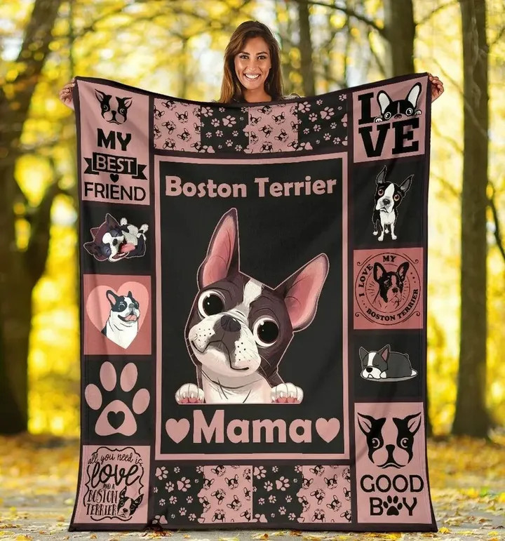 Black And Pink Gift For Boston Terrier Dog Mama Fleece Sherpa Throw Blanket