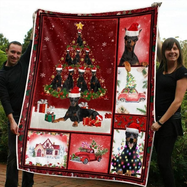 Gift For Dog Owners Christmas Dobermann Design Fleece Sherpa Throw Blanket