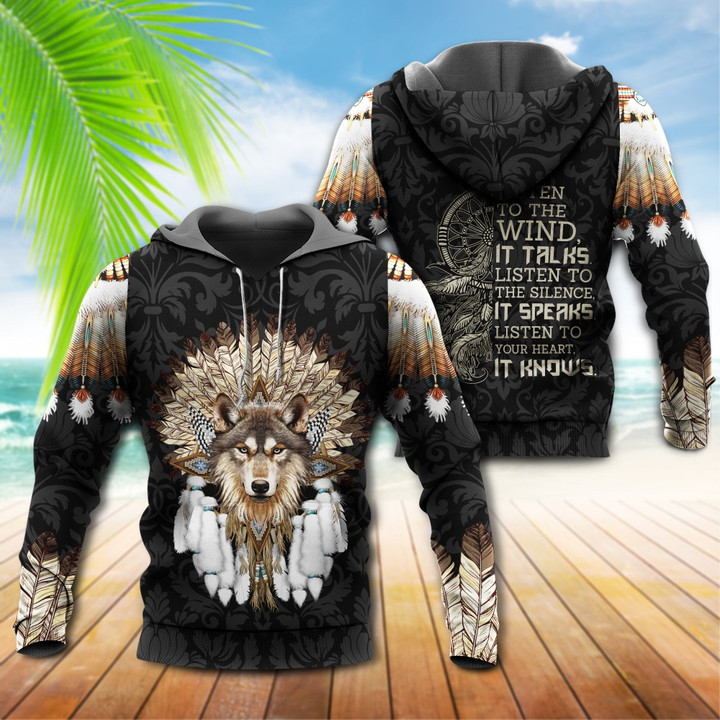 Native Wolf Listen To The Wind - Hoodie