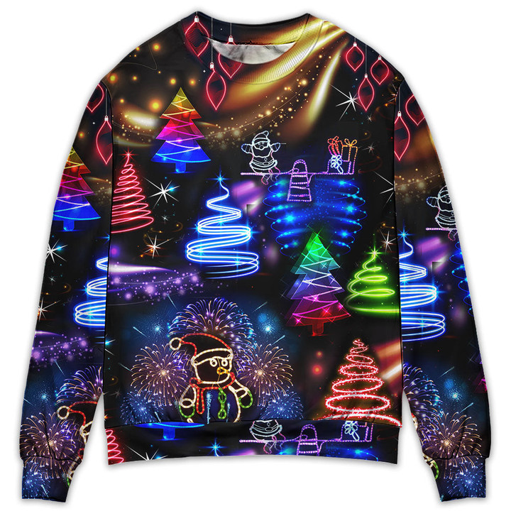 Christmas Neon Art Santa And Snowman Gift For Lover Ugly Christmas Sweater