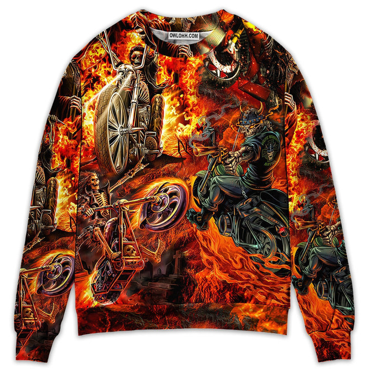 Motorcycle Lover Skull Fire Burning Art Style Gift For Lover Ugly Christmas Sweater