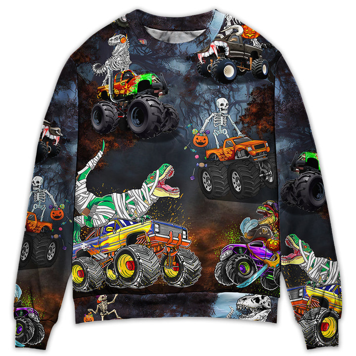 Halloween Skeleton Dinosaur Driving Monster Truck Gift For Lover Ugly Christmas Sweater