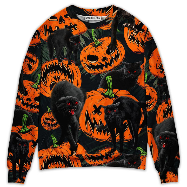 Halloween Black Cat Pumpkin Scary Tropical Gift For Lover Ugly Christmas Sweater