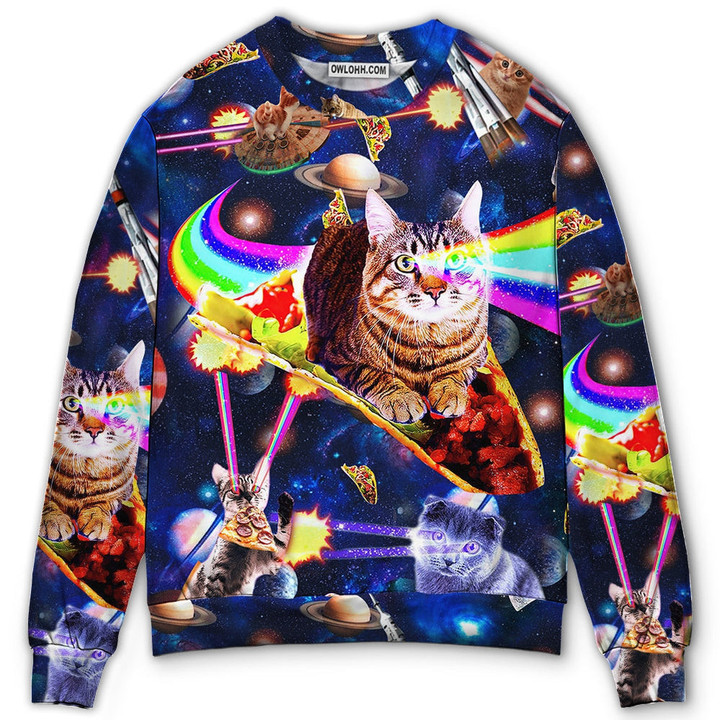 Cat Ride Food In Space Gift For Lover Ugly Christmas Sweater