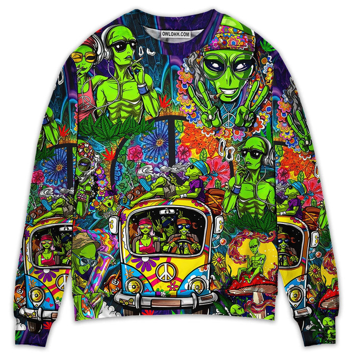 Hippie Space Alien Smoking Weed Gift For Lover Ugly Christmas Sweater