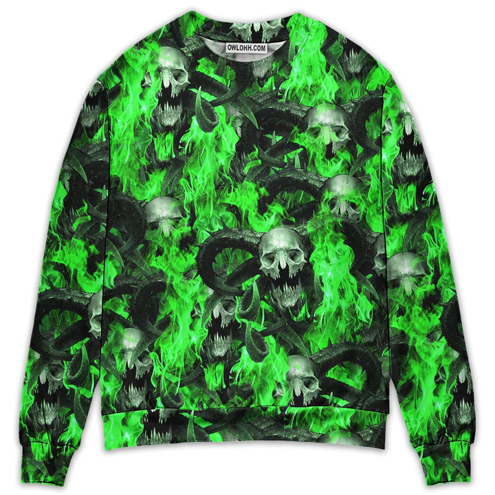 Skull Green Flame Burn Gift For Lover Ugly Christmas Sweater