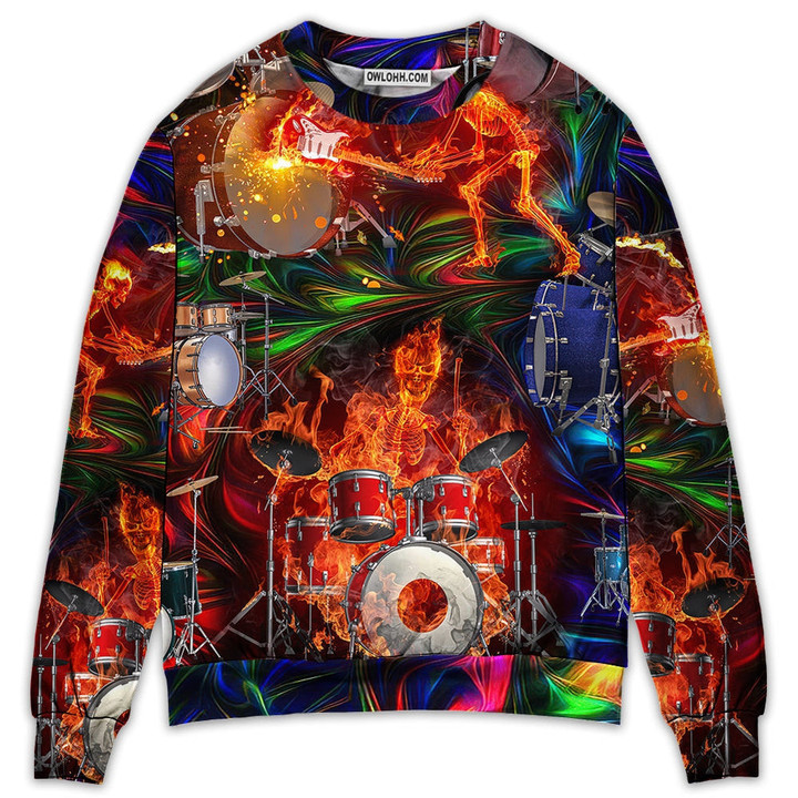 Drum Is My Life Fire Skull Colorful Style Gift For Lover Ugly Christmas Sweater