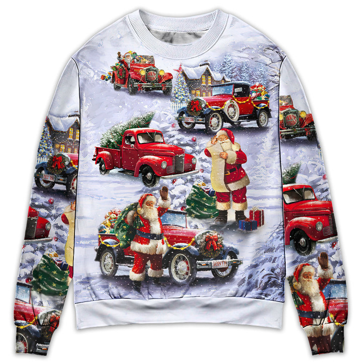 Christmas Santa Claus Funny Red Truck Gift For Xmas Painting Style Gift For Lover Ugly Christmas Sweater