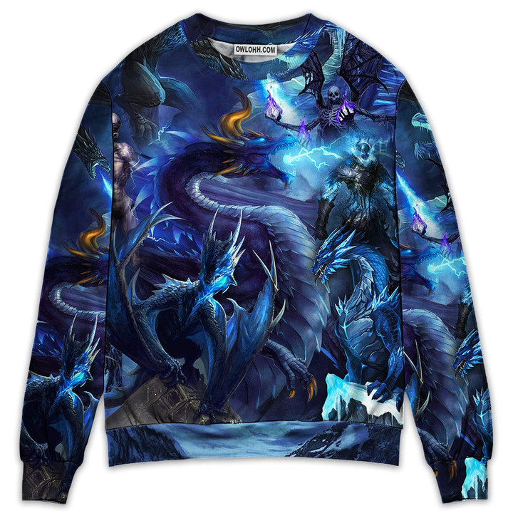 Dragon Blue Skull Fire Lightning Art Style Gift For Lover Ugly Christmas Sweater