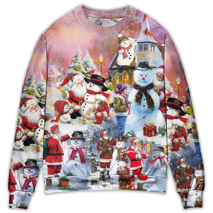 Santa And Snowman Christmas Snow Village Gift For Lover Ugly Christmas Sweater