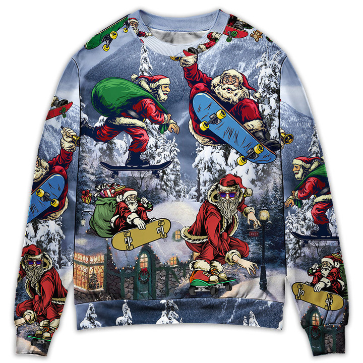 Christmas Santa Claus Skateboarding Snow Mountain Gift Light Art Style Gift For Lover Ugly Christmas Sweater