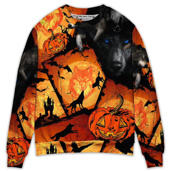 Halloween Wolf Pumpkin Scary Gift For Lover Ugly Christmas Sweater