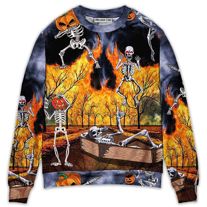 Halloween Skeleton Party Pumpkin Burning Scary Gift For Lover Ugly Christmas Sweater