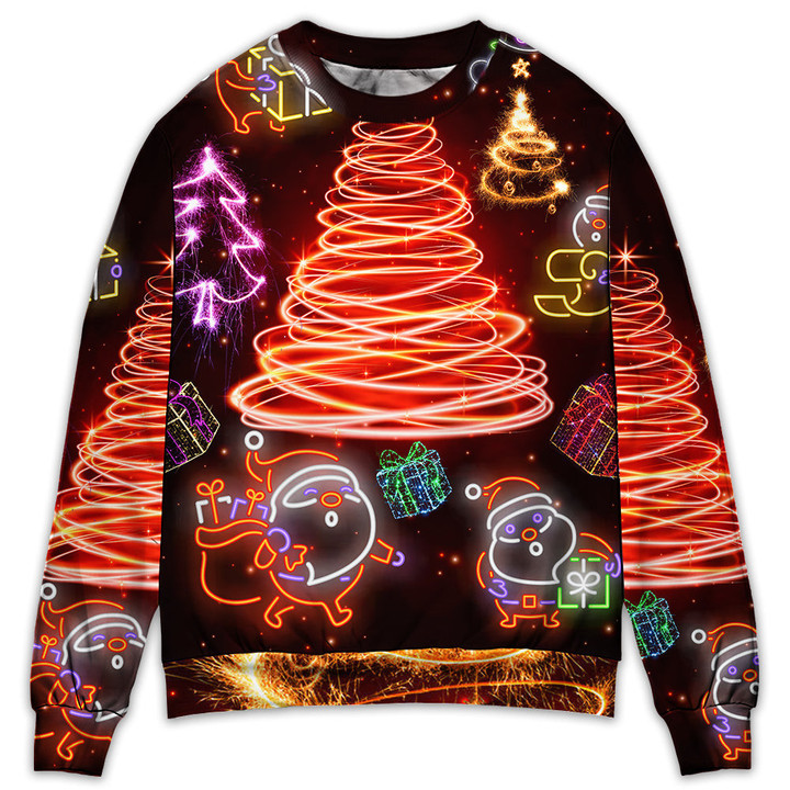 Christmas Funny Santa Claus Tree Red Neon Light Style Gift For Lover Ugly Christmas Sweater