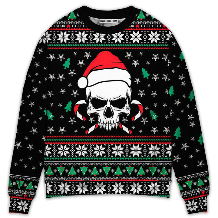 Christmas Skull Wearing Santa Claus Hat And Sweat Candy Gift For Lover Ugly Christmas Sweater