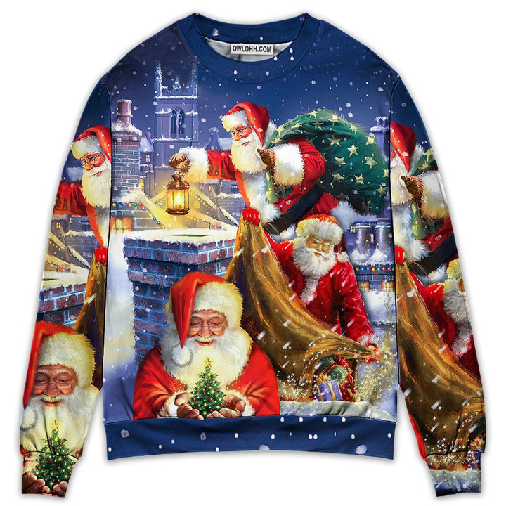 Christmas Funny Santa Claus Up On Rooftop Art Style Gift For Lover Ugly Christmas Sweater