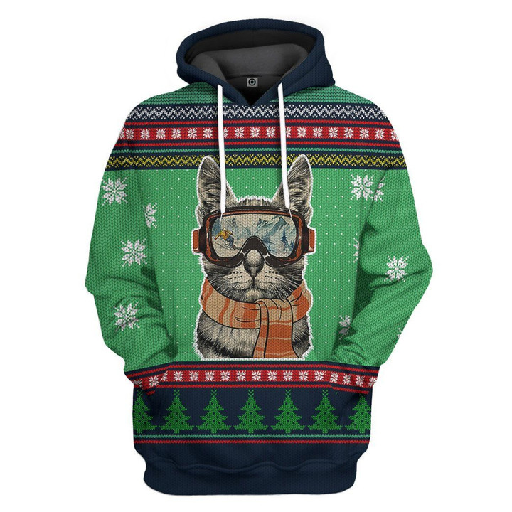 3D Custom Skiing Cat Ugly Christmas Tshirt Hoodie Apparel