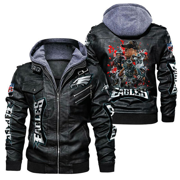 Philadelphia American Football Philly Eagles Super Bowl Team Rugby Player Leather Jacket With Hood Winter Coat Gifts