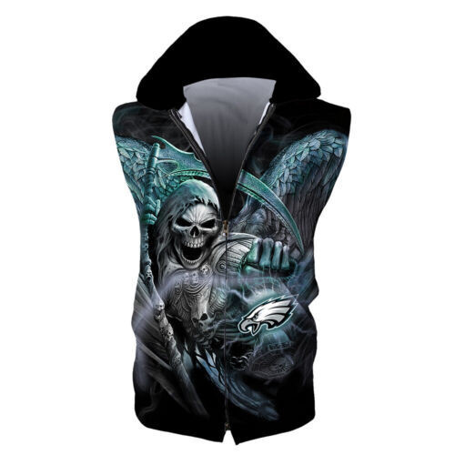 Gift For Fan Team Death With Philadelphia American Football Philly Eagles Super Bowl Christmas Sleeveless Zip Up Hoodie Sweatshirt Casual Jacket Coat