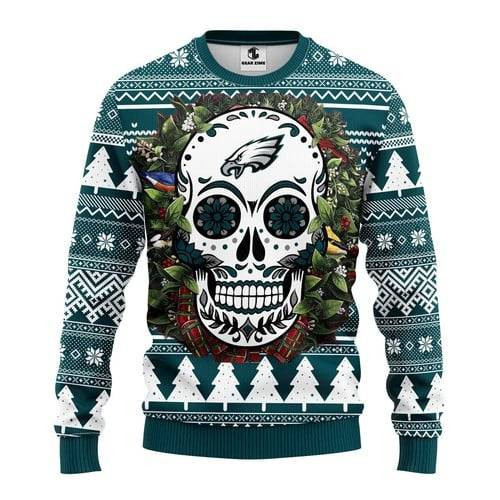 Team Philadelphia American Football Philly Eagles Super Bowl Skull Flower Christmas Ugly Sweater