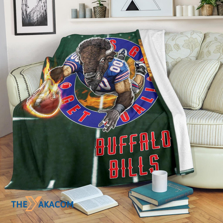 Player With Buffalo Head Holding Flaming Rugby Buffalo American Football Team Bisons Bills Team Team Gift For Fan Christmas Gift Fleece Sherpa Throw Blanket