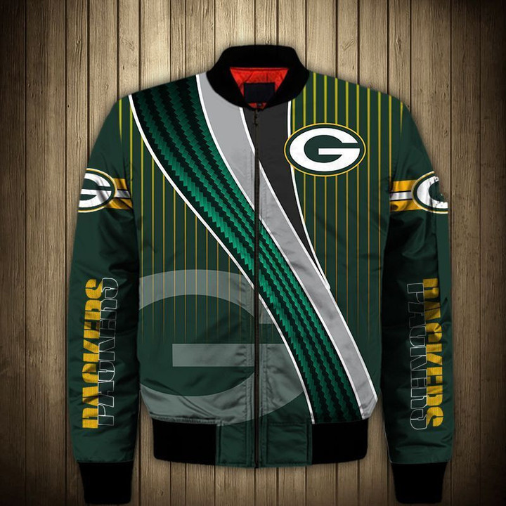Green Bay American Football Team Packers Aaron Rodgers Vertical Stripes Pattern Gift For Fan Team Bomber Jacket Outerwear Christmas Gift