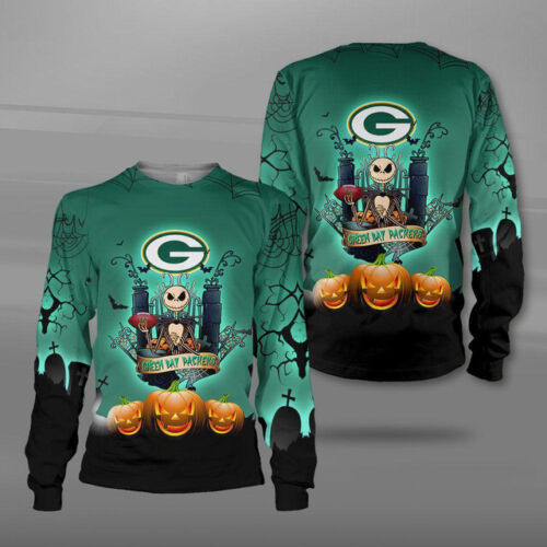 Green Bay American Football Team Packers Aaron Rodgers Jack Skellington Gift Fan Sweatshirt Long Sleeve Crewneck Casual Pullover Top