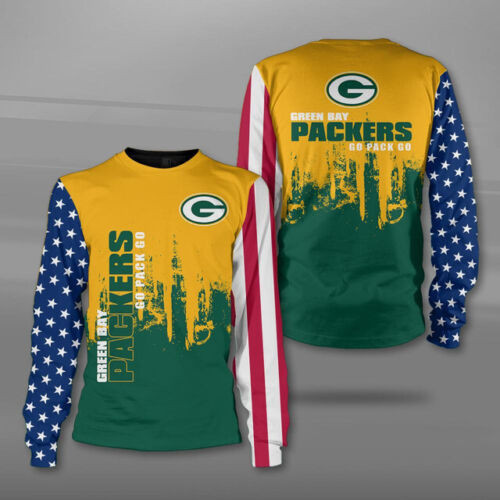 Green Bay American Football Team Packers Aaron Rodgers USA Flag Print Sweatshirt Long Sleeve Crewneck Casual Pullover Top