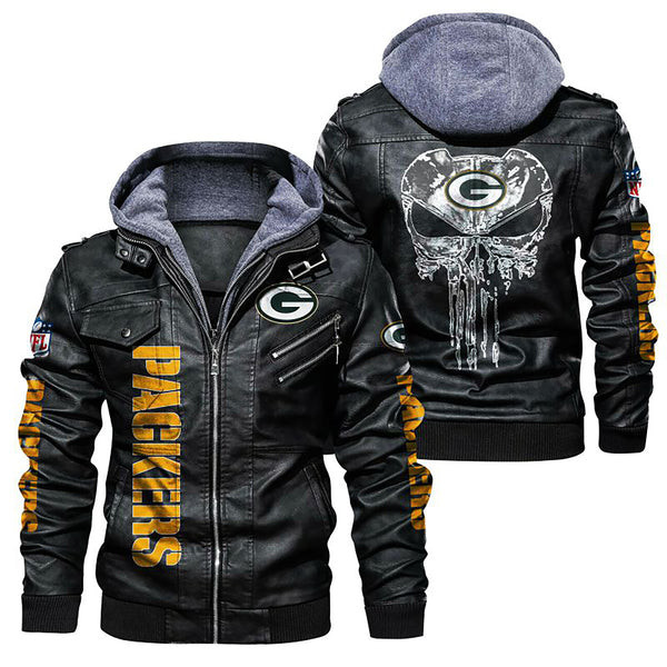 Green Bay American Football Team Packers Aaron Rodgers Team Skull Leather Jacket With Hood Winter Coat Gifts