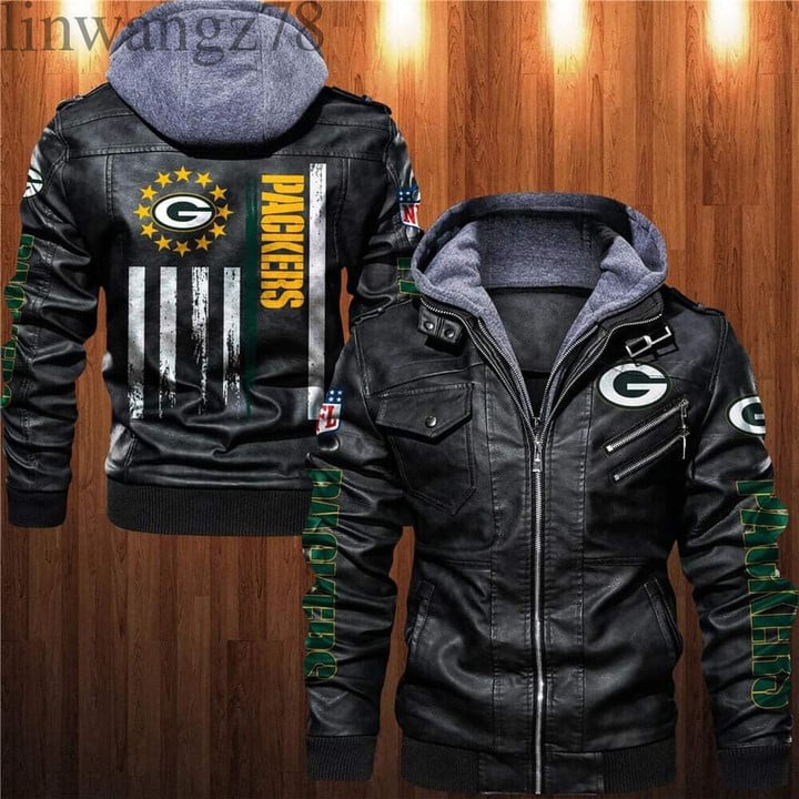 Green Bay American Football Team Packers Aaron Rodgers Flag Print Gift Fan Bomber Leather Jacket Hooded Motorcycle Biker Winter Coat Gifts