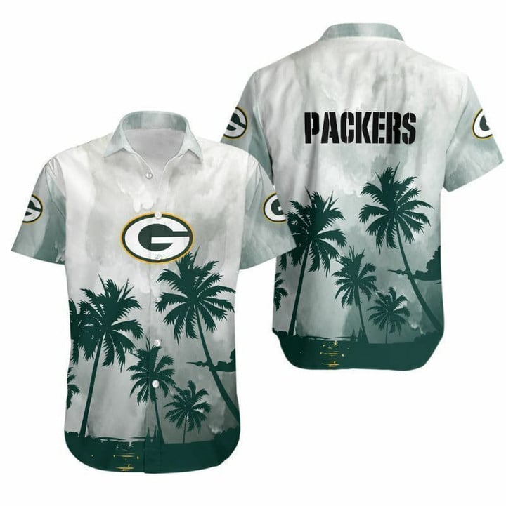 Green Bay American Football Team Packers Aaron Rodgers Beach Coconut Trees Print Great Gift Short Sleeve Hawaiian Shirt