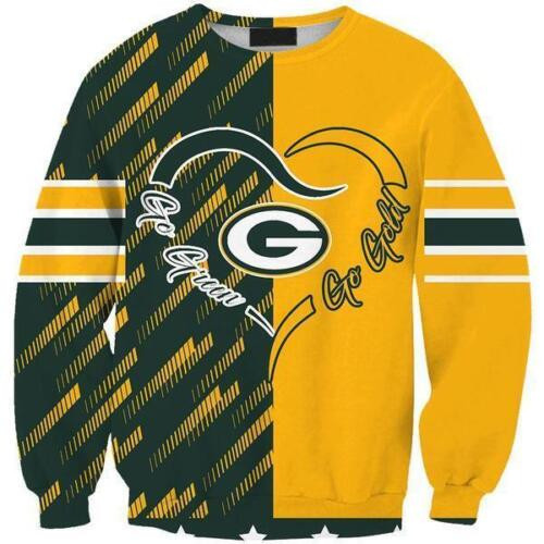Green Bay American Football Team Packers Aaron Rodgers Two Tone Heart Print Sweatshirt Long Sleeve Crewneck Casual Pullover Top