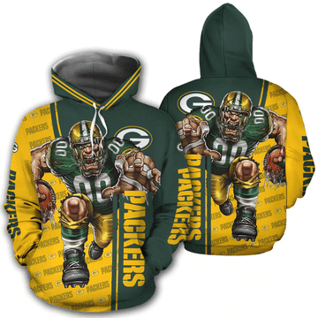 Green Bay American Football Team Packers Aaron Rodgers Mens Mascot 3D Gift For Fan Team Hoodie Zip Hoodie Sweatshirt Casual Hooded Jacket Coat
