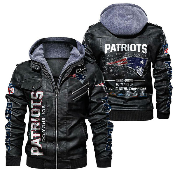 New England Pat American Football Team Patriots Team 60 Years Of Leather Jacket With Hood Winter Coat Gifts
