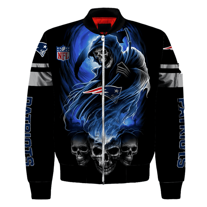 New England Pat American Football Team Patriots Death And Skull Gift For Fan Team Bomber Jacket Outerwear Christmas Gift