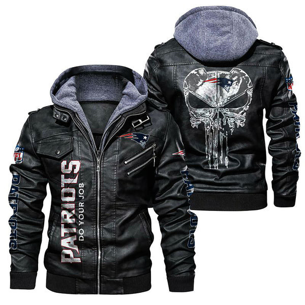 New England Pat American Football Team Patriots Team Skull Leather Jacket With Hood Winter Coat Gifts