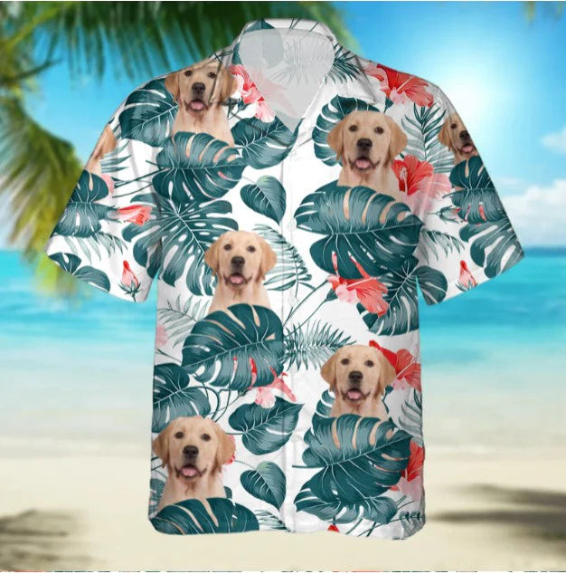 Personalized Custom Photo Your Dog And Tropical Blue Peacock Gift For Dog Lovers Short Sleeve Hawaiian Shirt
