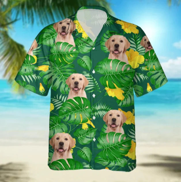 Personalized Custom Photo Your Dog Forest Green And Tropical Flower Rellow Gift For Dog Lovers Short Sleeve Hawaiian Shirt