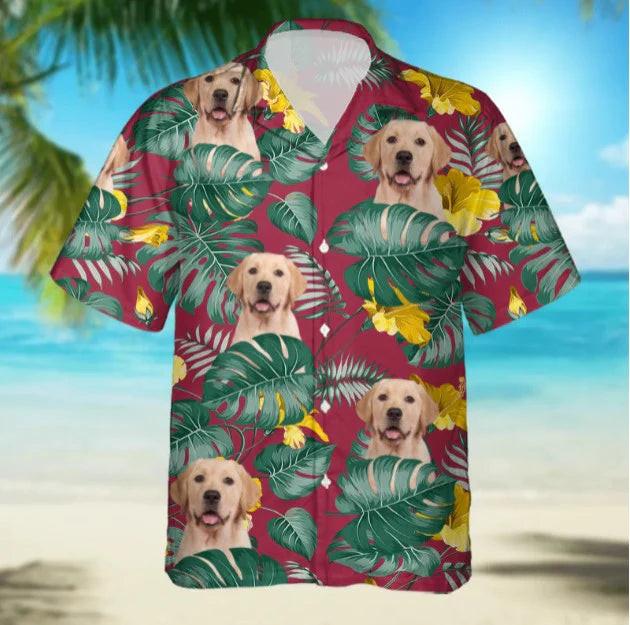 Personalized Custom Photo Your Labrador Retriever Pink And Tropical Flower Yellow Gift For Dog Lovers Short Sleeve Hawaiian Shirt