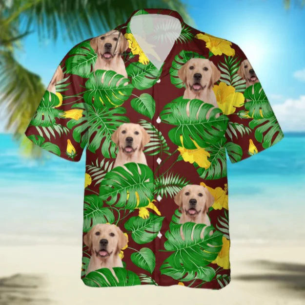Personalized Custom Photo Your Labrador Retriever Red And Tropical Flower Yellow Gift For Dog Lovers Short Sleeve Hawaiian Shirt