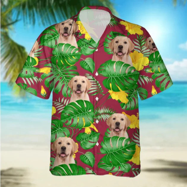 Personalized Custom Photo Your Labrador Retriever Pinky And Tropical Flower Yellow Gift For Dog Lovers Short Sleeve Hawaiian Shirt