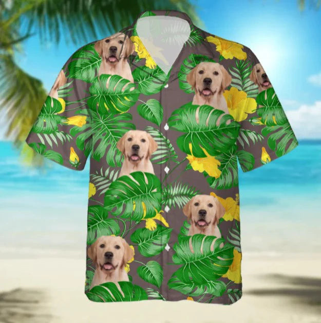 Personalized Custom Photo Your Labrador Retriever Ash Gray And Tropical Flower Yellow Gift For Dog Lovers Short Sleeve Hawaiian Shirt