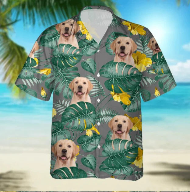 Personalized Custom Photo Your Labrador Retriever Dark Gray And Tropical Flower Yellow Gift For Dog Lovers Short Sleeve Hawaiian Shirt